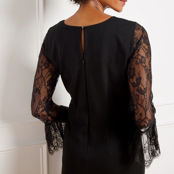 Talbots, New, Black Lace Flounce Sleeve Ponte Knit A-Line Shift Dress, Size 6 - Picture 3 of 12